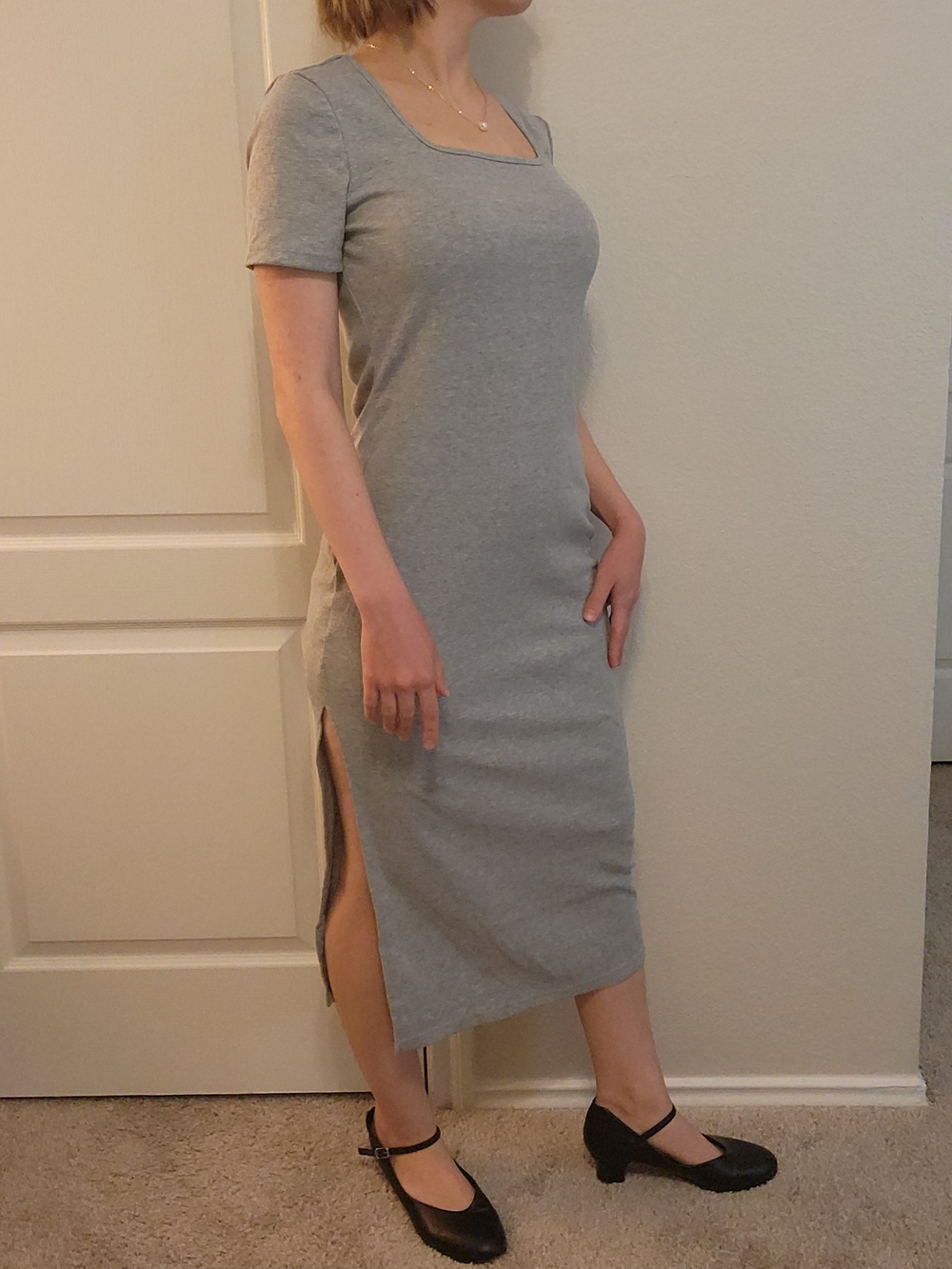 SHEIN Heather Gray Square Neck Ribbed Slit Dress Size Large